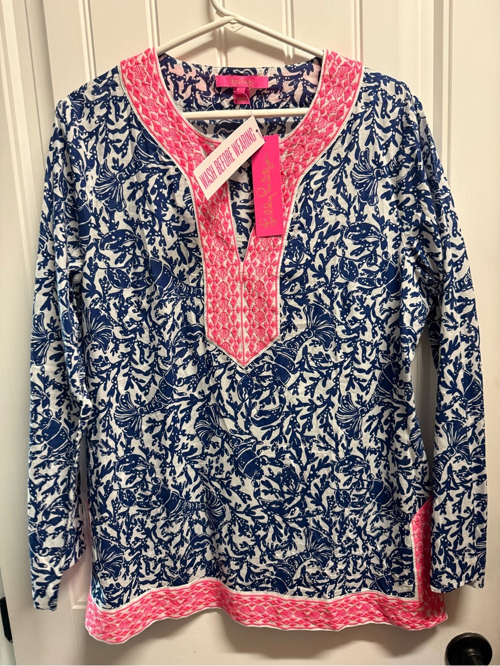 Lilly Pulitzer Navy Floral Tunic with Hot Pink Embroidered Yoke